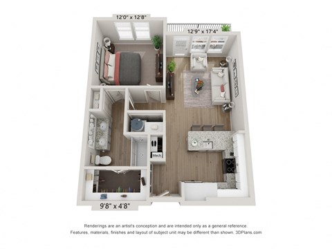 Floor plan for 1 bed, 1 bath, 736 sqft